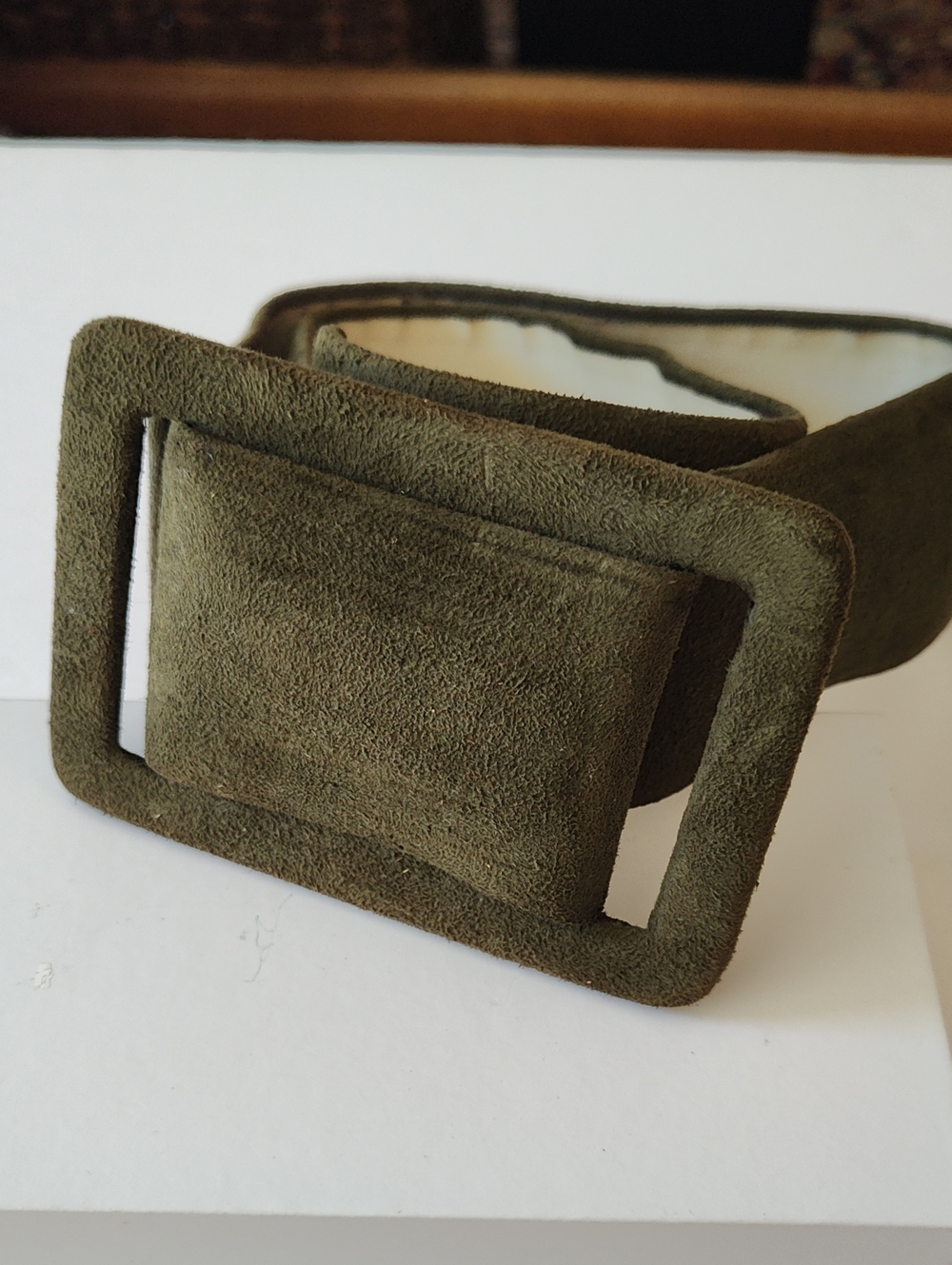 Vintage 1970s Olive Suede Waist Belt with Covered Buckle OS